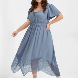 BloomChic Dress Womens Plus 12 Blue Short Sleeve V Neck Pockets A Line Lace Trim